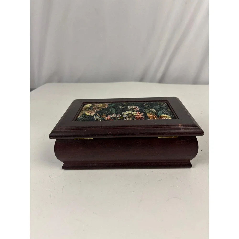 Vintage Wooden Jewelry Box Floral Tapestry Top Mirror‎ Vanity Keepsake Box